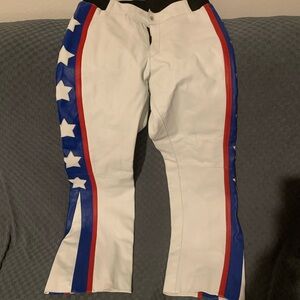 Motorcross custom made White leather Pants with Blue and Red Star Stripes